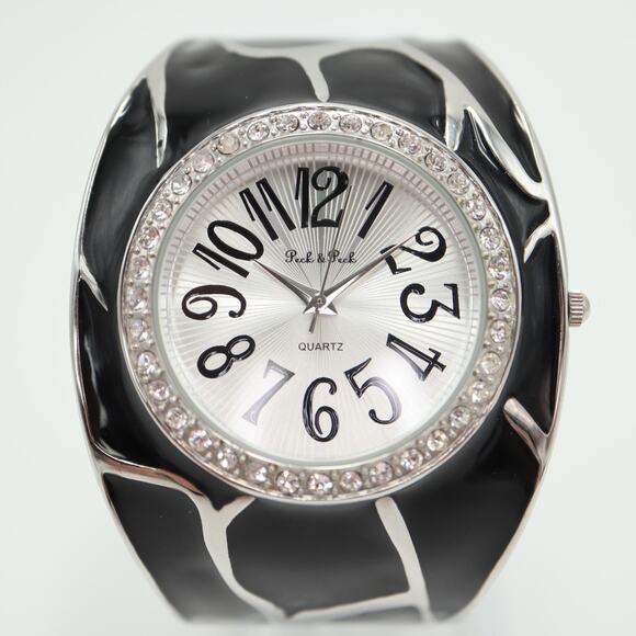 Peck & Peck Womens Cuff Watch 46mm Black Pebble Silver Tone w New Battery - Picture 5 of 12